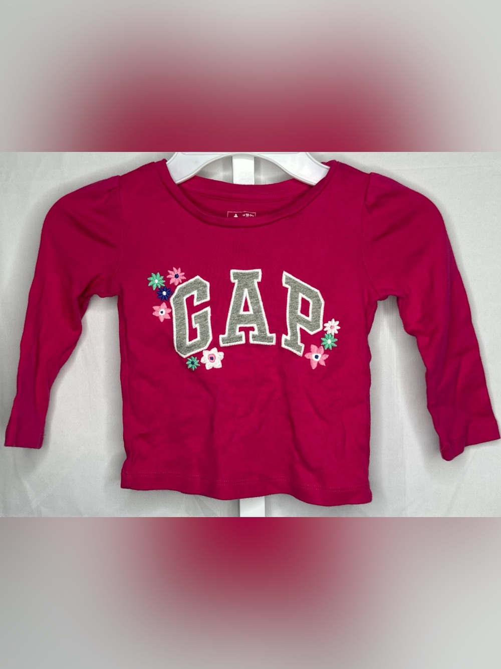 GAP Girls Bright Pink Logo Tee with Floral Embroidery